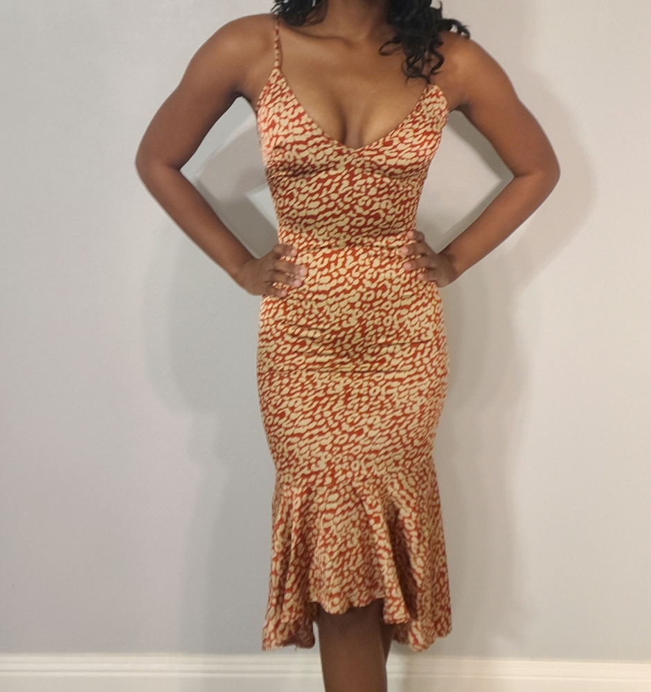 RED LEOPARD PRINT FRILL HEM MIDI DRESS